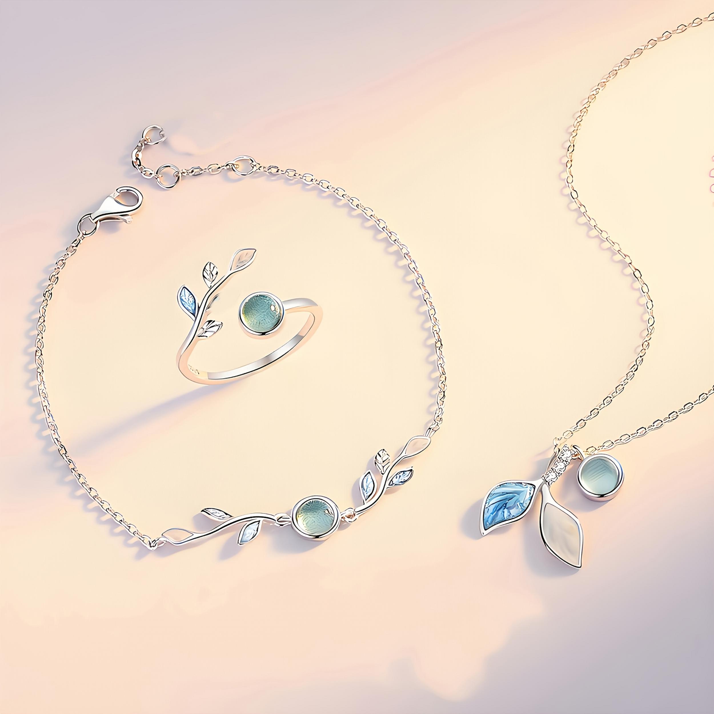 Moonstone Jewelry Set: Necklace, Ring, Bracelet, Leaf Design, 925 Silver Plated